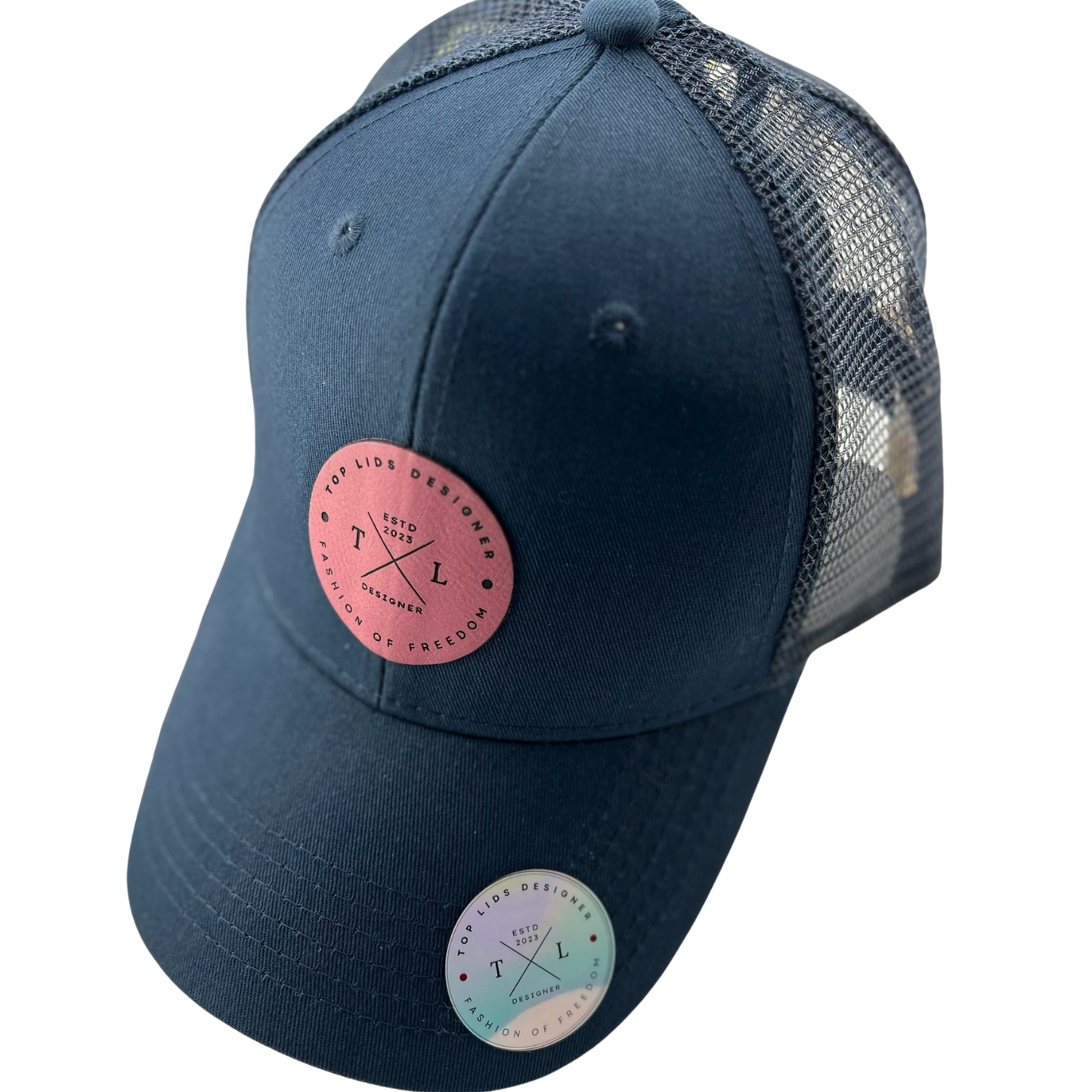 Ponytail Mesh Hat with Leatherette Patch - Navy