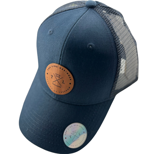 Ponytail Mesh Hat with Leatherette Patch - Navy