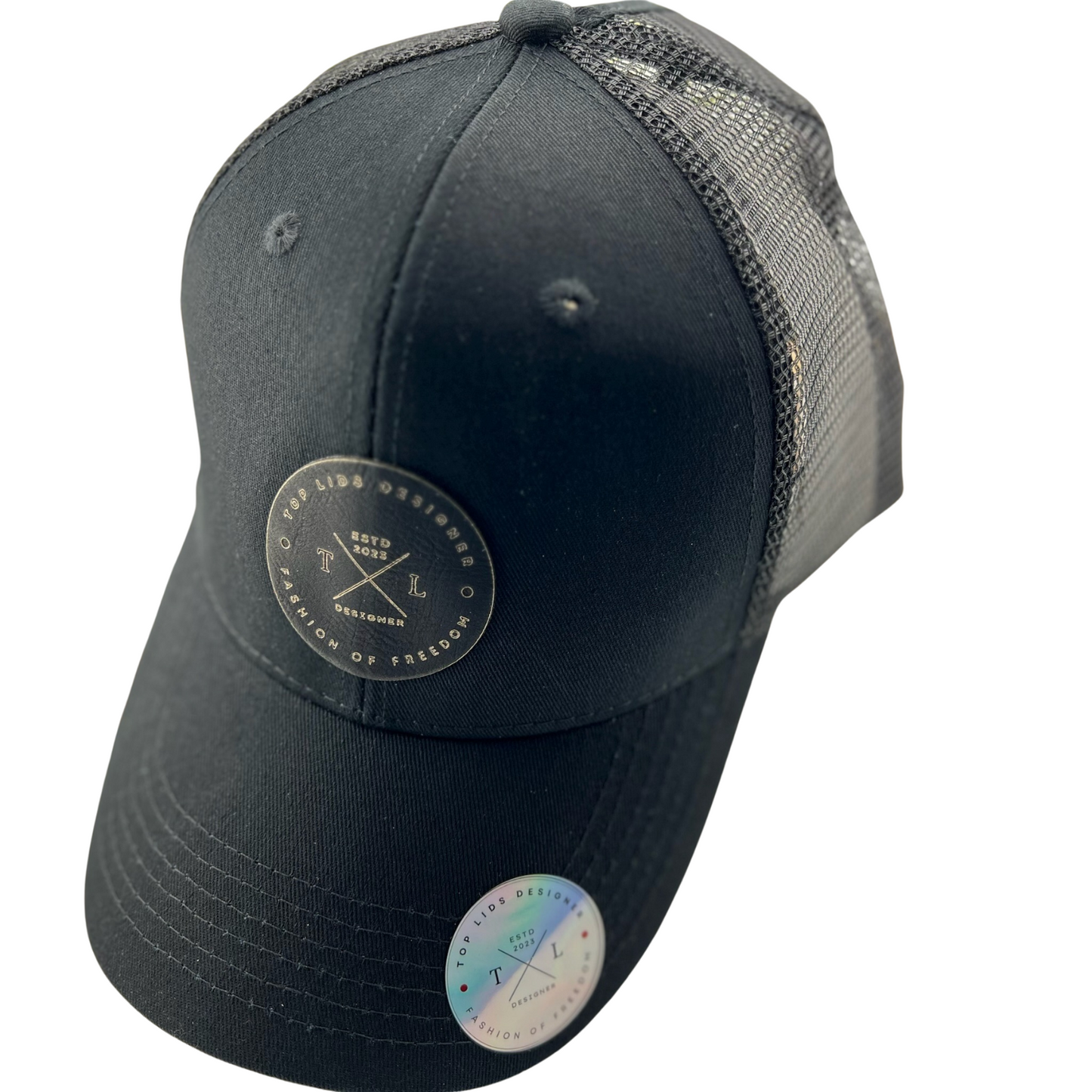 Ponytail Mesh Hat with Leatherette Patch - Black