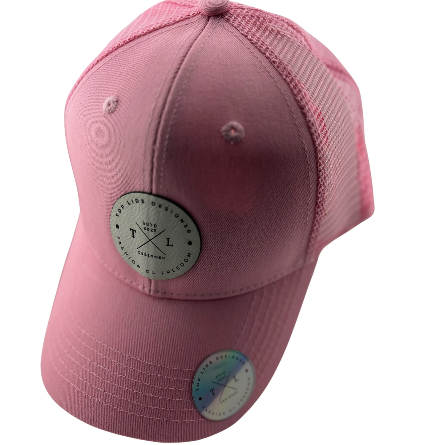 Ponytail Mesh Hat with Leatherette Patch - Pink