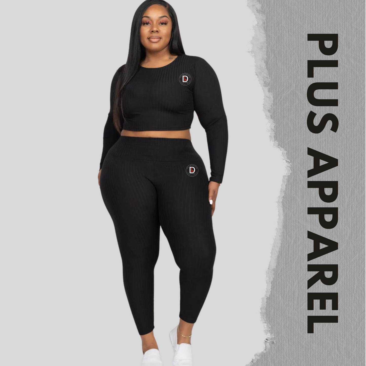 Plus Size Ribbed Crop Top & Leggings - Black